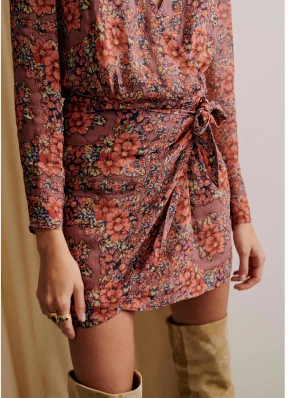 Sézane Noemia Floral Wrap Dress - Mauve with Coral Flower Print - Picture 2 of 11